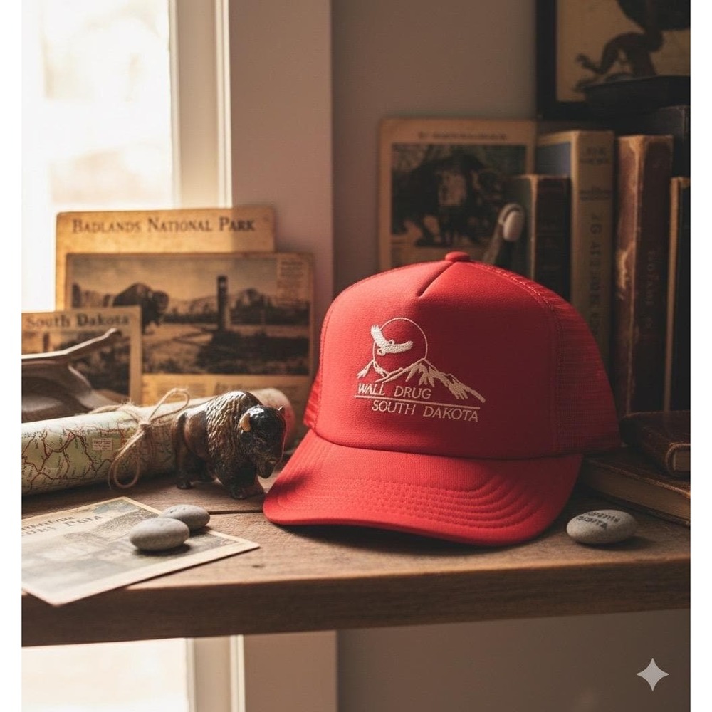 Vintage red Wall Drug South Dakota mesh, snap back trucker hat